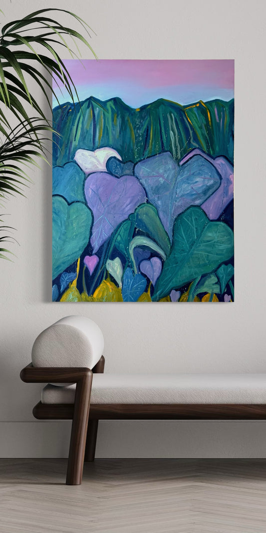 Loi taro field with Ko'olau Mountains in the background, twilgiht 